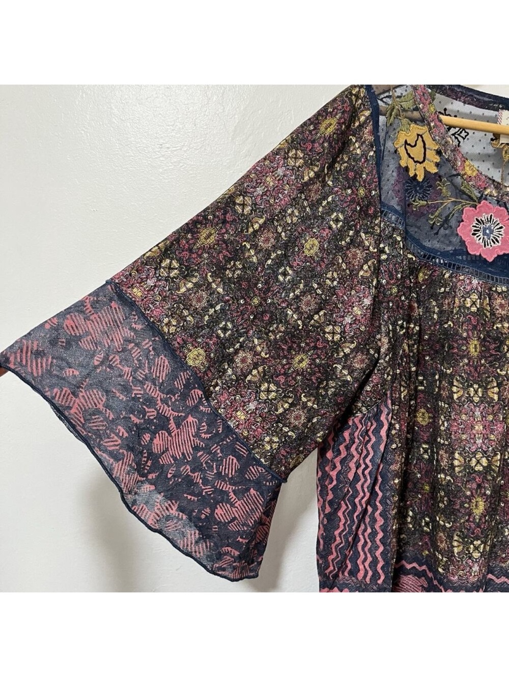 Anthropologie Floral Embroidered Peasant Blouse Size XL Multicolor Boho Sheer